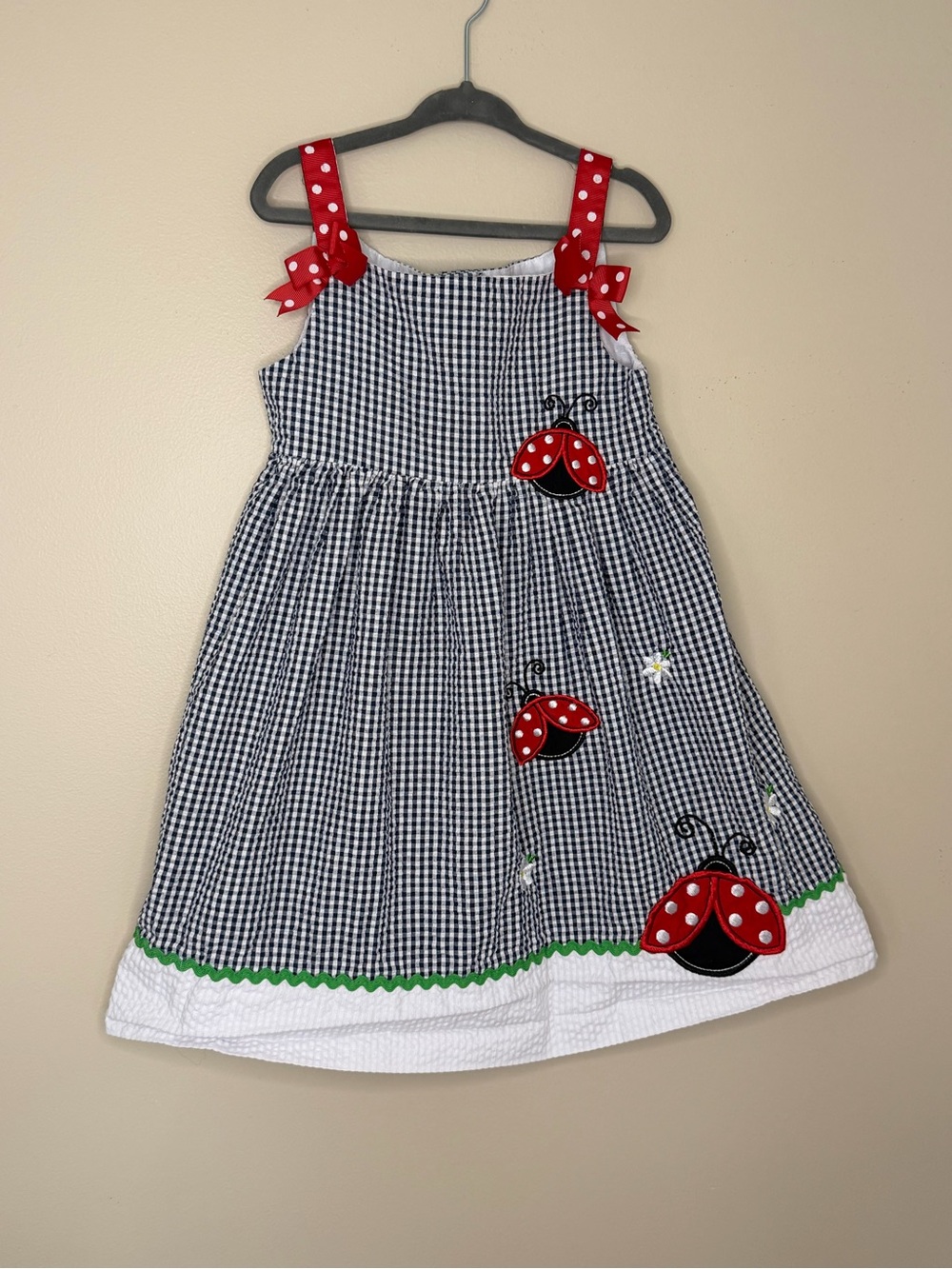 Rare Editions Black & White Gingham Sundress with Red Polka Dot Straps